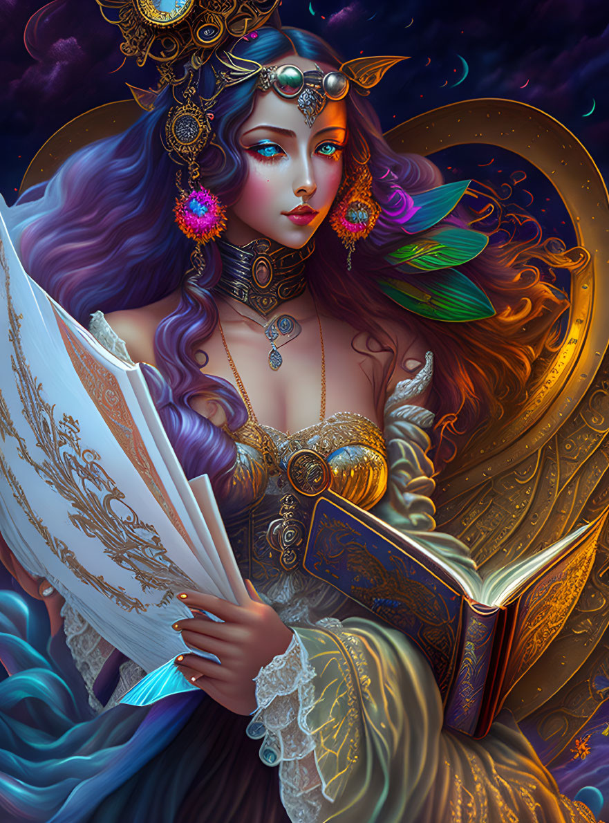Fantasy female with purple hair holding ornate book on cosmic background