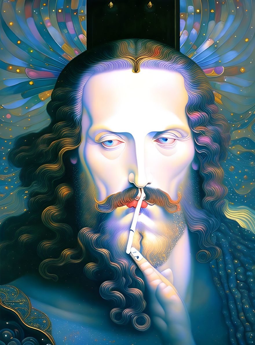 Man with Long Wavy Hair and Beard Holding Lit Matchstick in Surreal Cosmic Portrait