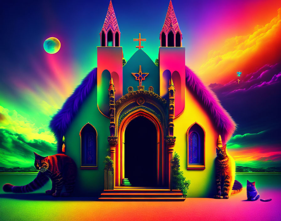 Surreal gothic church under multicolored sky with moon and two large cats