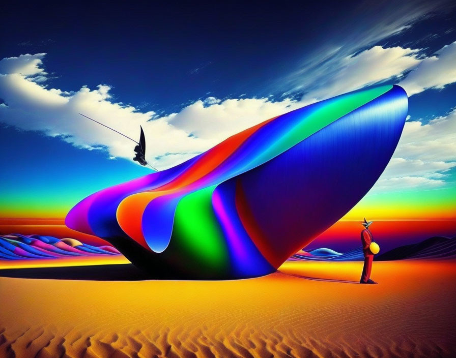 Colorful Abstract Sculpture in Desert Landscape with Figure and Sky