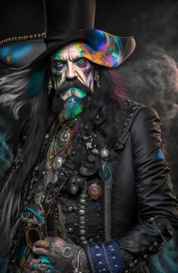 Elaborate Pirate-Like Costume with Colorful Hat and Jewels