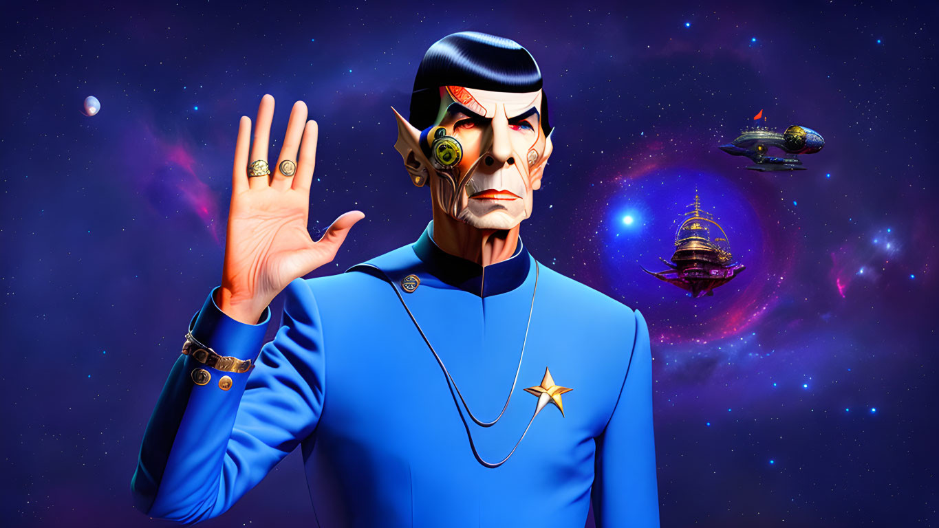 Futuristic Spock-like character with raised hand gesture in cosmic setting