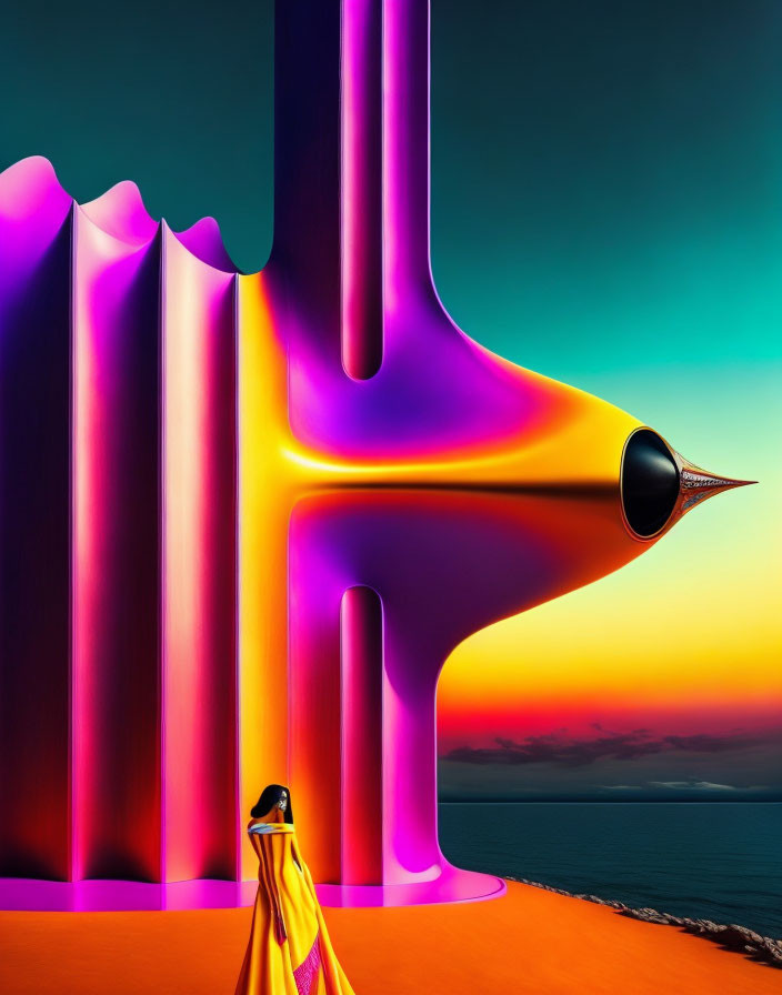 Vibrant surreal artwork: Woman in yellow dress by abstract structure