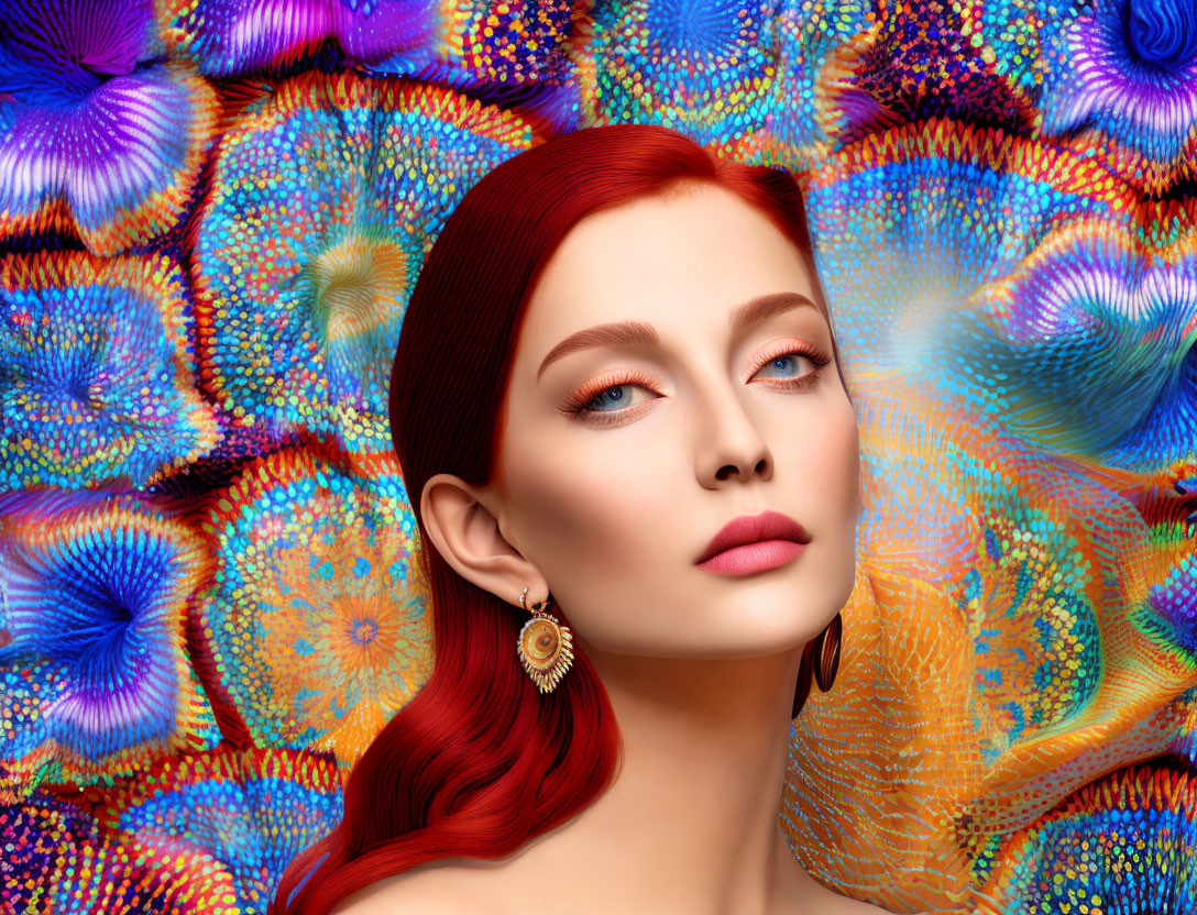 Vibrant Digital Artwork: Red-Haired Woman with Striking Makeup