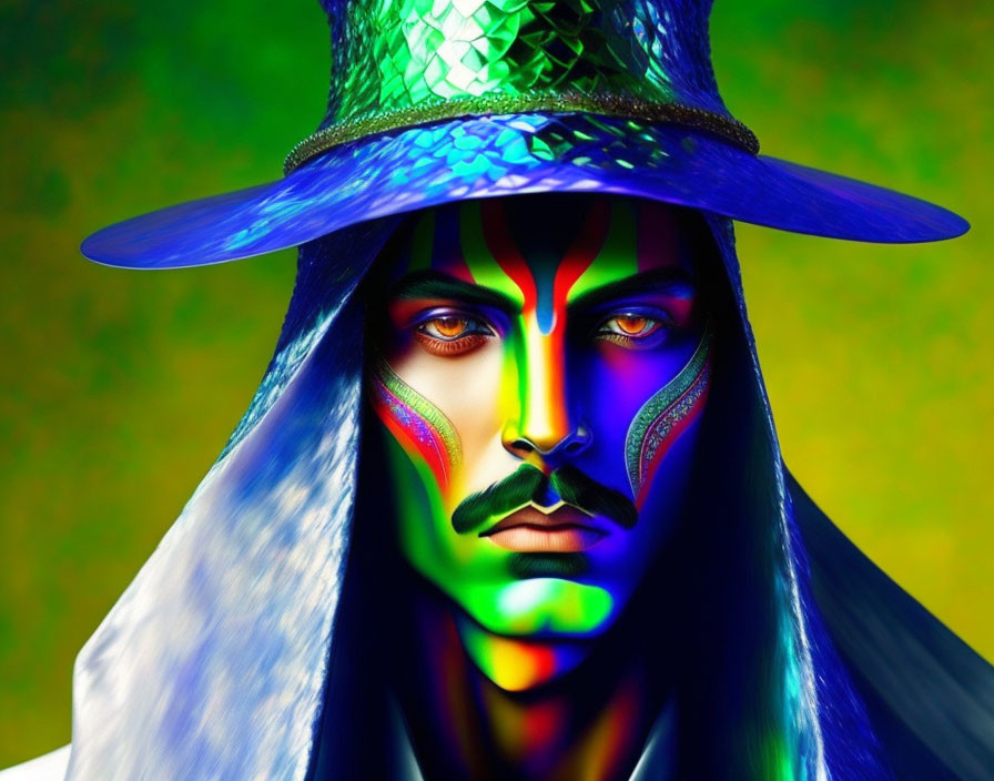 Colorful digital artwork: Person with painted face and blue hat on gradient background
