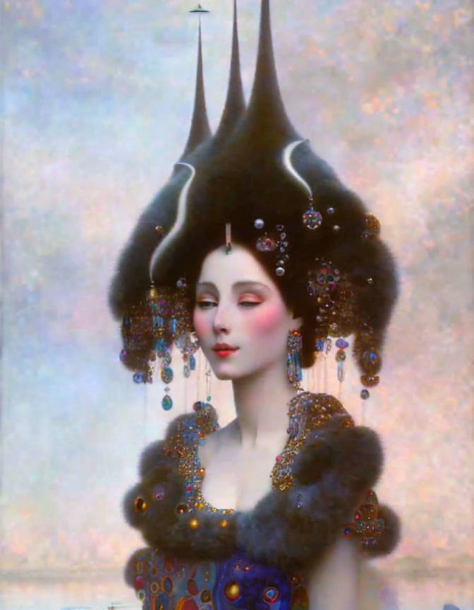 Fantastical painting of woman with tower-like black hairstyle and gemstone-studded dress
