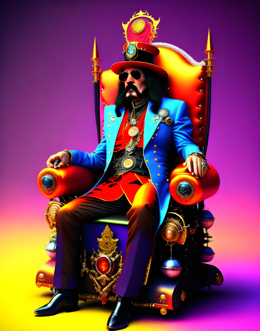 Regal figure with long beard on throne in colorful illustration.