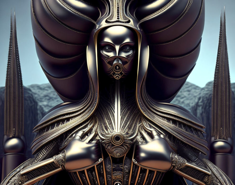 Detailed digital artwork: Figure in metallic armor with elaborate helmet, mountains and spears backdrop