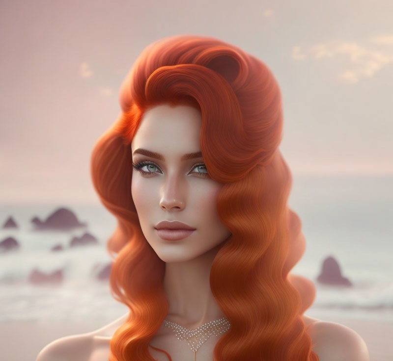 Vibrant Red Hair Woman Portrait at Beach Sunset