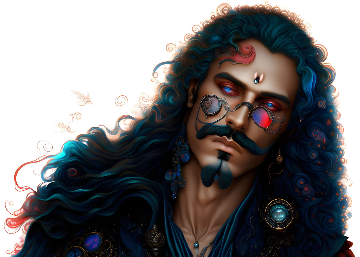 Colorful portrait of a person with blue hair, beard, round glasses, and mystical jewelry with floating