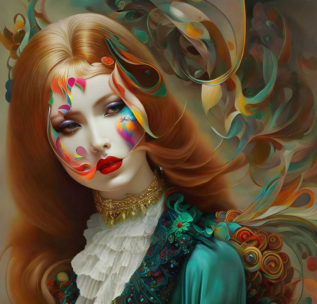 Vibrant digital artwork featuring woman with face paint and intricate jewelry