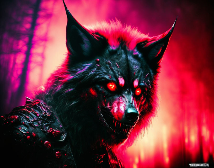 Mythical wolf with red eyes and horns in red & purple mist