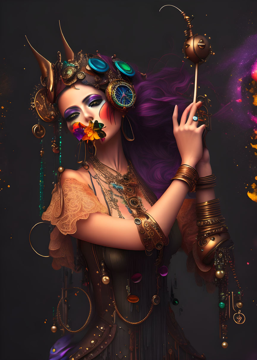 Mystical woman with horned headdress and scepter against dark backdrop