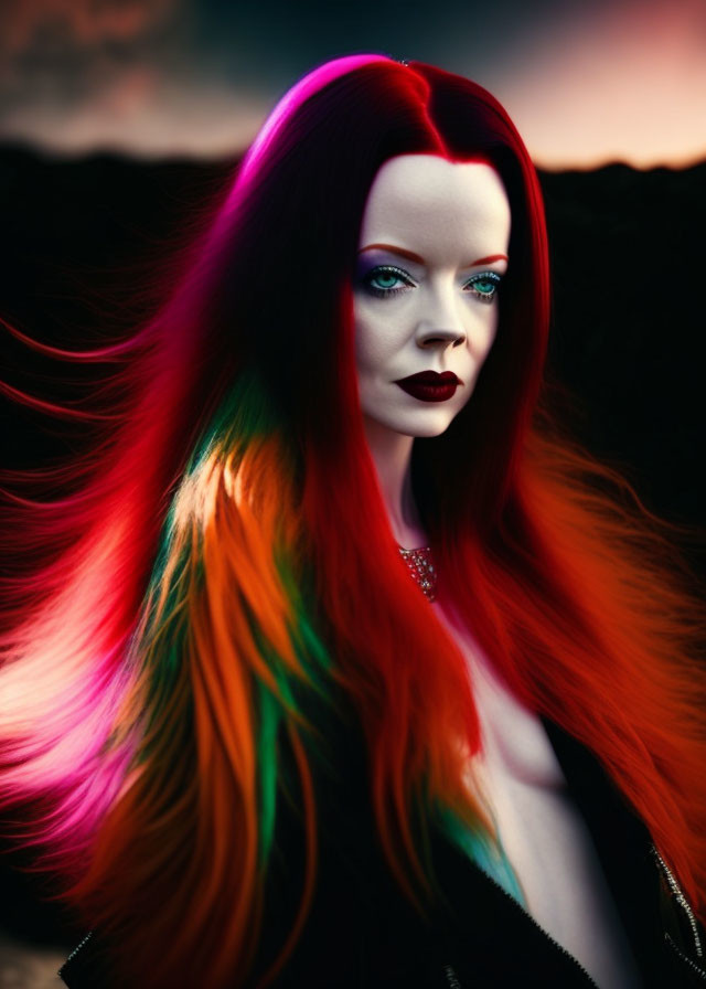 Vibrant rainbow-colored hair woman against twilight sky