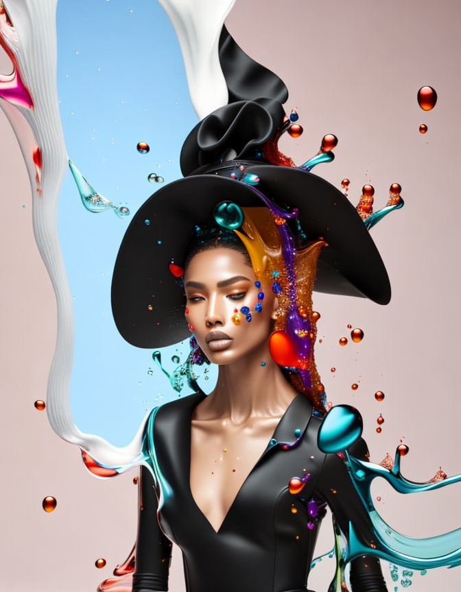 Colorful surreal portrait of a woman with stylized hat in dynamic splashes on pink background
