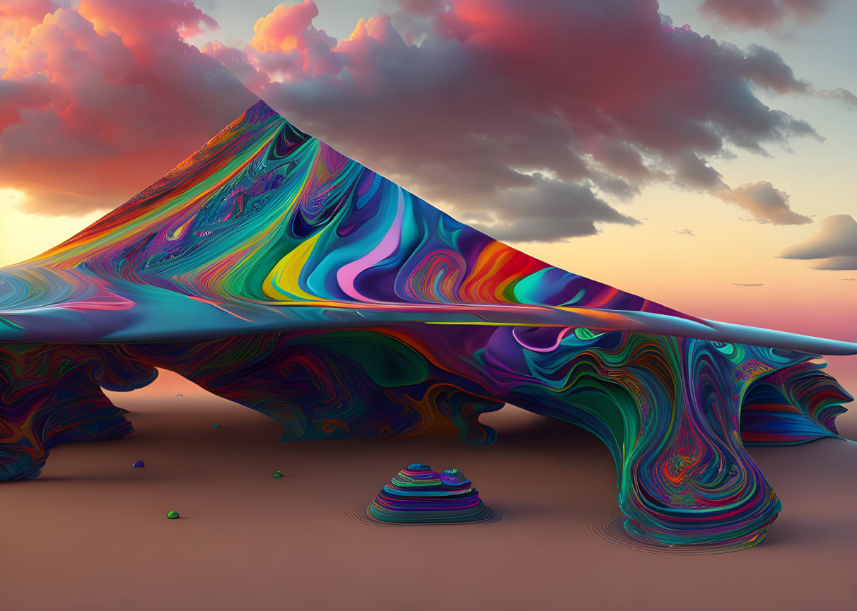 Colorful Psychedelic Mountain in Surreal Landscape with Swirling Patterns
