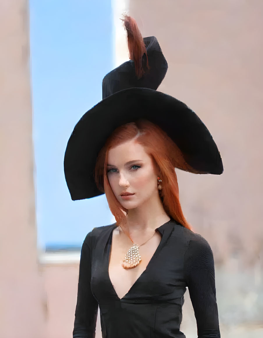 Red-Haired Person in Black Hat and V-Neck Shirt with Round Necklace