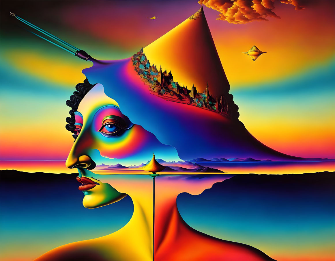 Colorful face profile merges with mountain peak in surreal landscape under vibrant sunset sky.