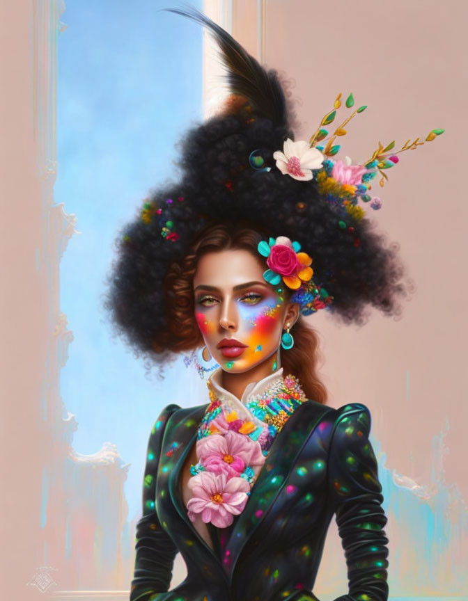 Colorful makeup woman portrait with flowers in hair and feathered hat
