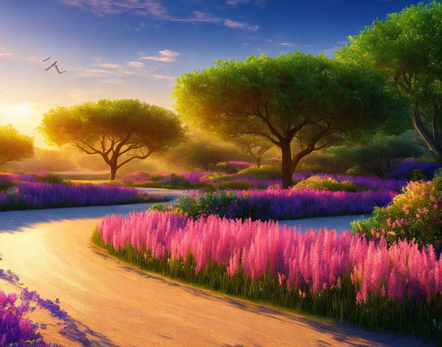 Scenic winding road through vibrant landscape with pink and purple flowers