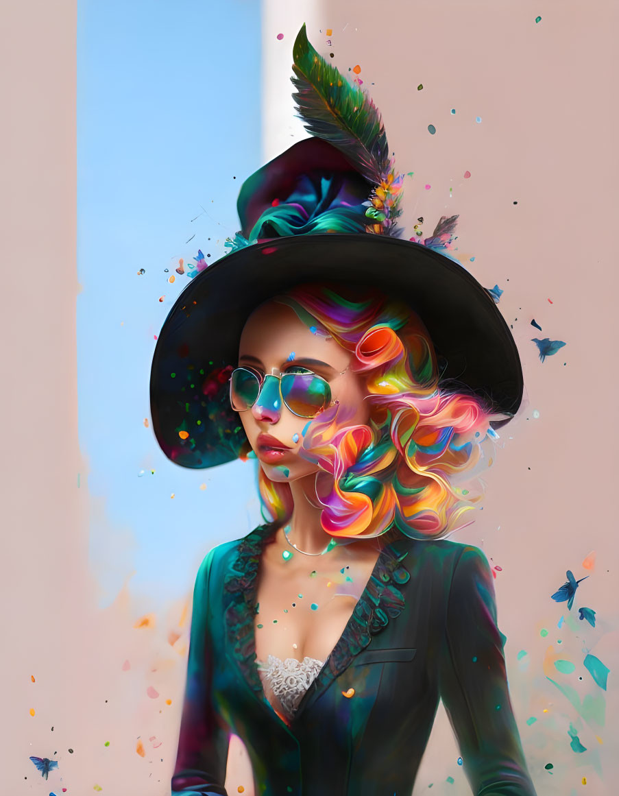 Colorful illustration of stylish woman with wavy hair in feather hat and blazer on pastel background
