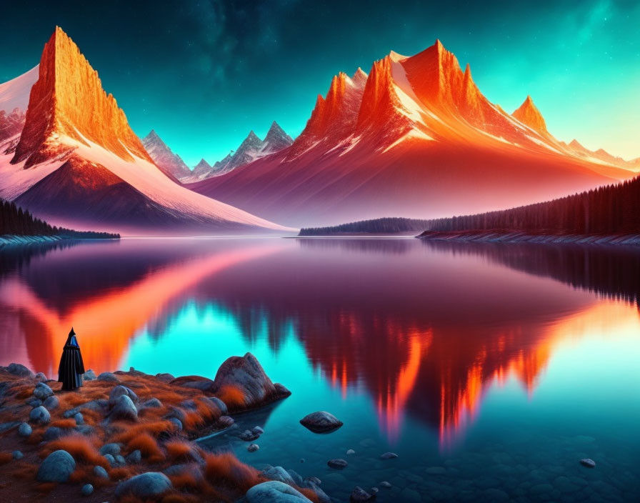 Tranquil lake with mountain reflections at sunrise or sunset
