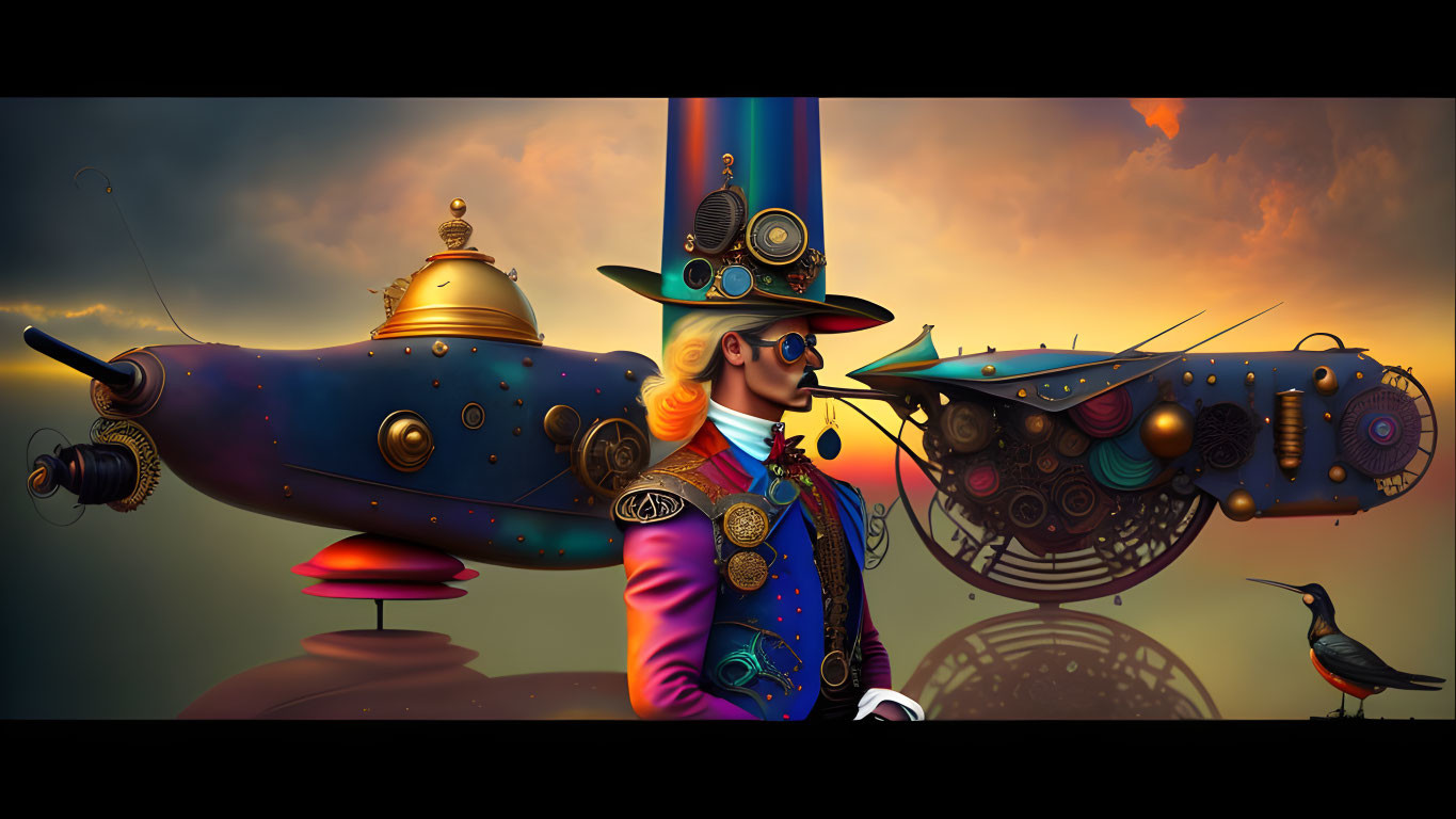 Steampunk-themed art: individual in top hat with airship and mechanical bird.