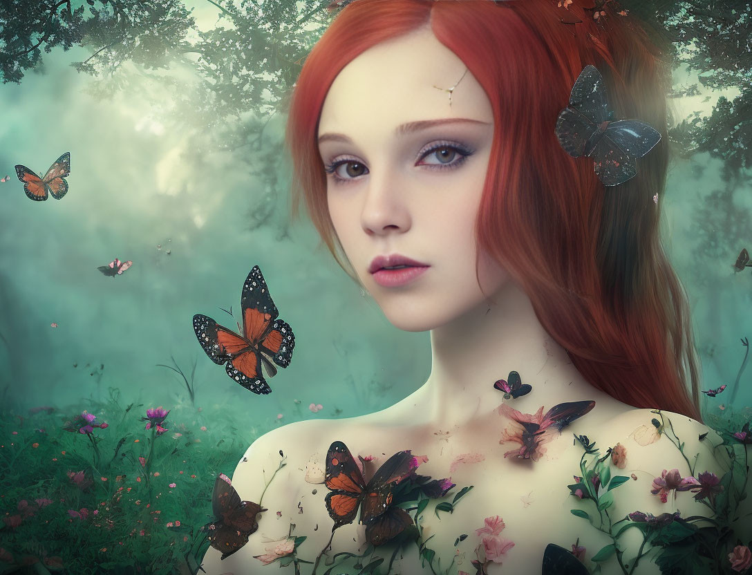 Surreal red-haired person with butterflies in misty green forest
