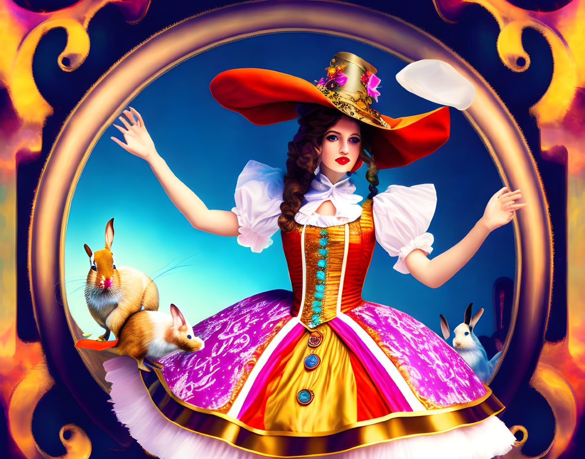 Colorful Pirate Costume Illustration with Whimsical Creatures in Ornate Frame