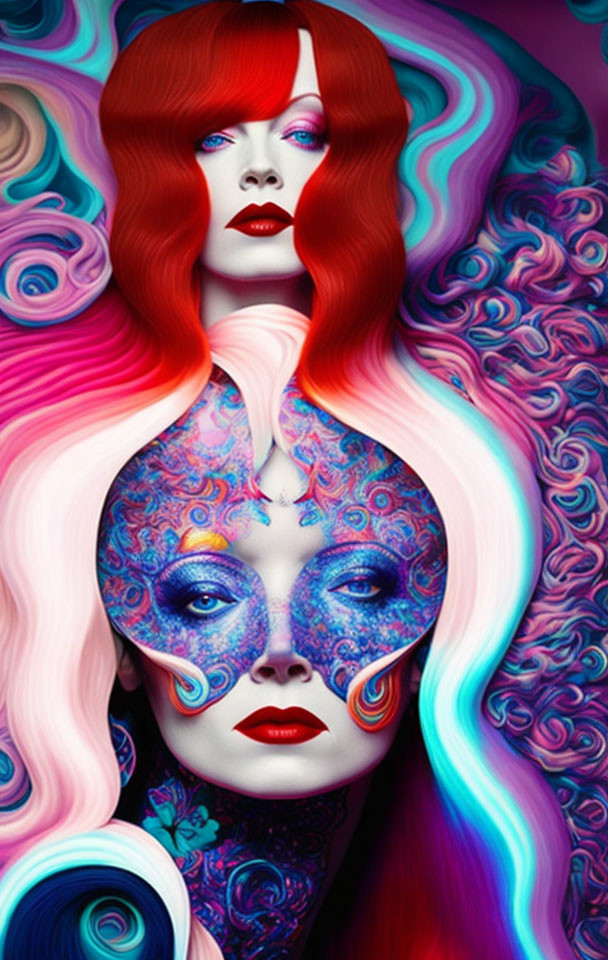 Colorful artwork featuring woman with red hair and blue body paint on swirling background
