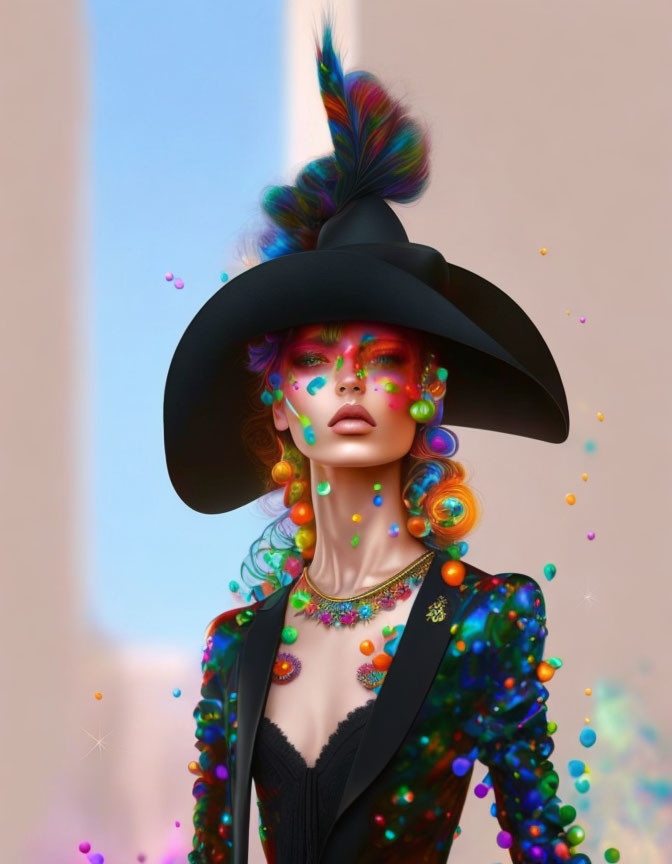 Colorful digital artwork: Woman with multicolored face paint, floating orbs, and large black hat