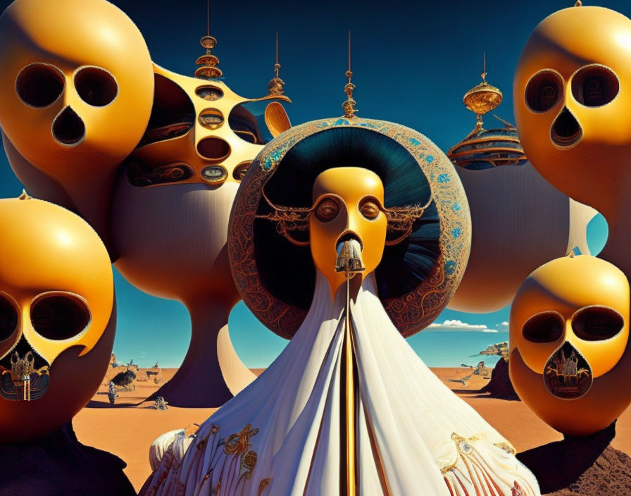 Surreal landscape with skull-like structures and central figure in white robe.