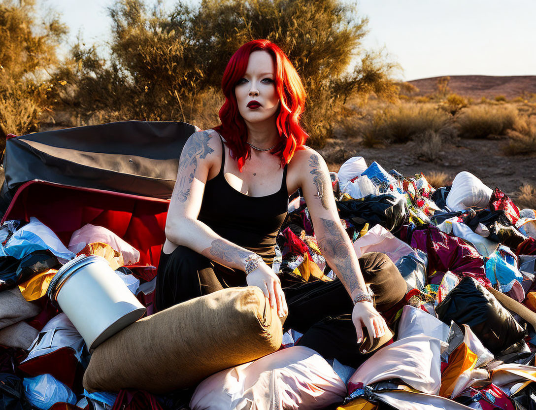 Red-haired woman with tattoos on colorful trash in desert landscape
