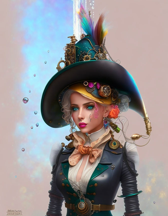 Steampunk-themed woman portrait with ornate hat and monocle