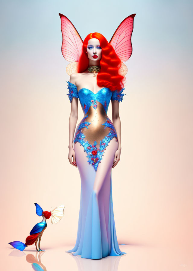 Vibrant Red-Haired Fairy with Butterfly Wings and Blue Corset in White Gown