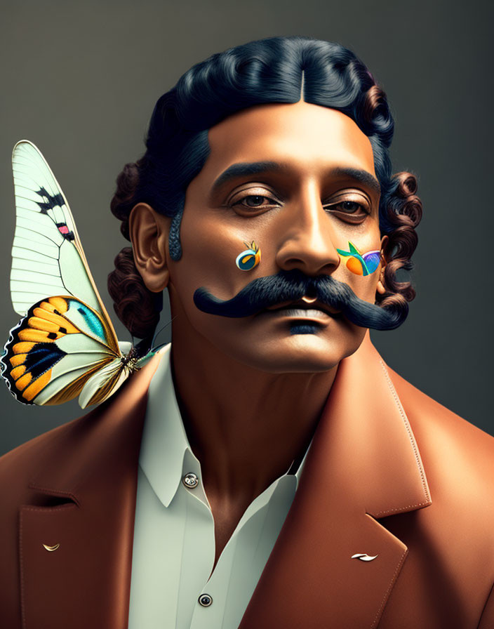 Stylized portrait of a man with mustache and butterfly.