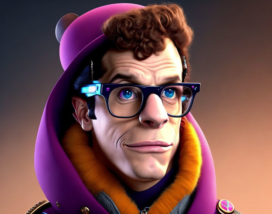 3D animated character with curly hair, blue glasses, purple hat, and orange fur-lined jacket