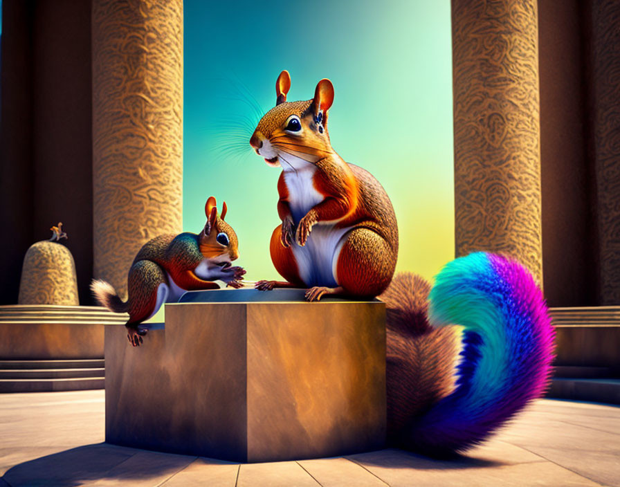 Exaggerated animated squirrels in temple setting having serious conversation