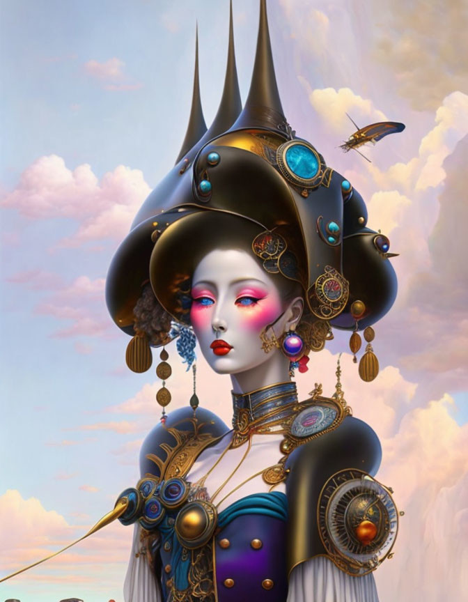 Steampunk-inspired digital artwork of female figure in elaborate attire
