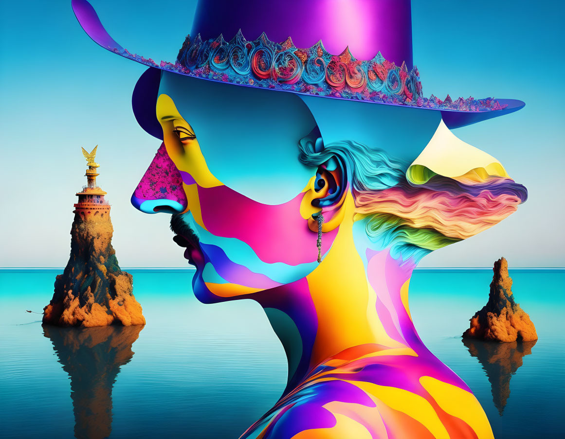 Colorful metallic profile with elaborate hat against rocky sea landscape