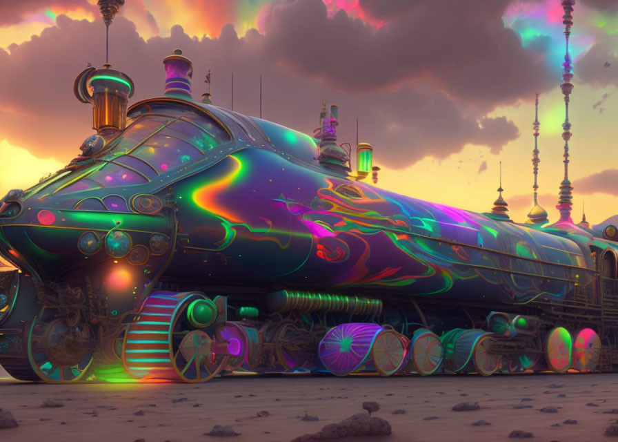 Futuristic neon-lit train in desert with alien spires and dusky sky