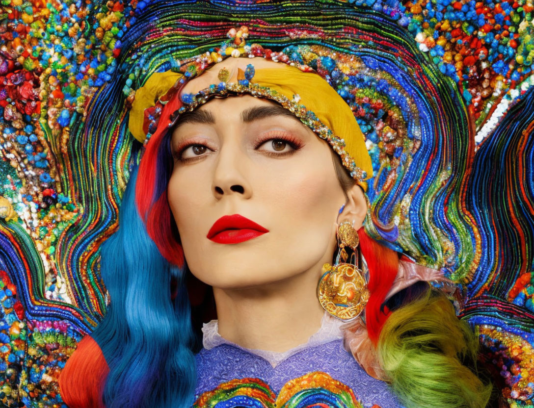 Vibrant rainbow-colored hair woman in multicolored turban against bead background
