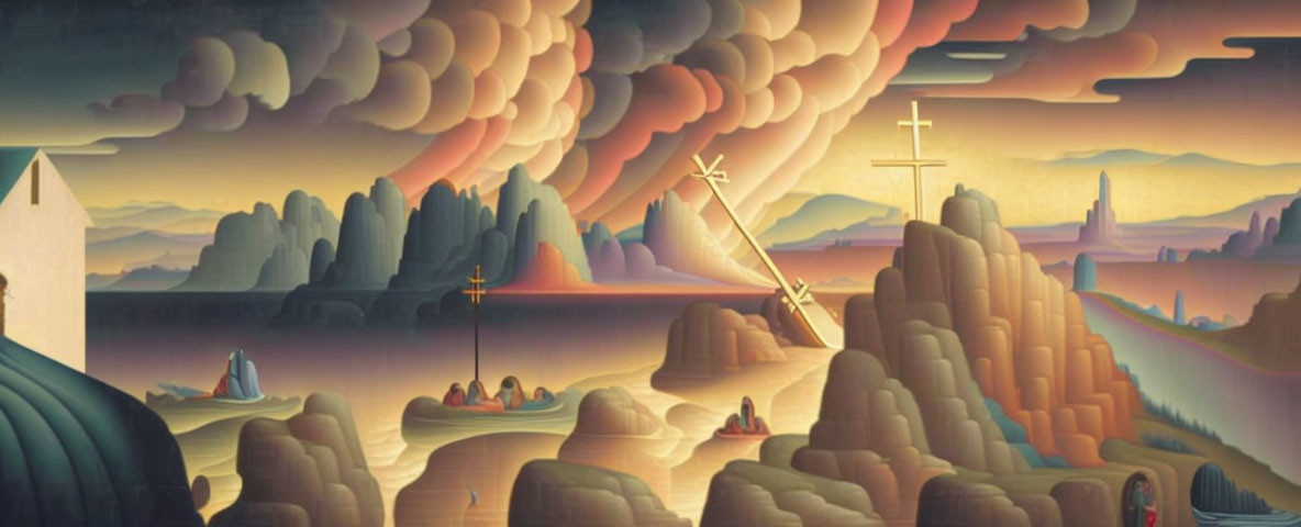 Surreal landscape painting: layered mountains, golden cross, rowboats, isolated figures, vibrant sky