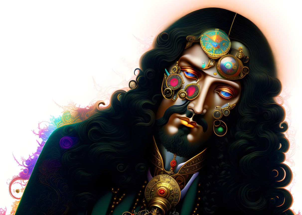 Detailed Digital Artwork of Character with Ornate Jewelry and Clockwork Elements