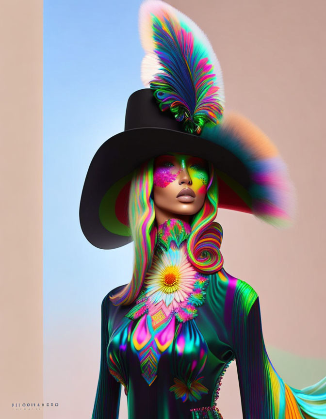 Colorful digital artwork of model with wide-brimmed hat and floral outfit