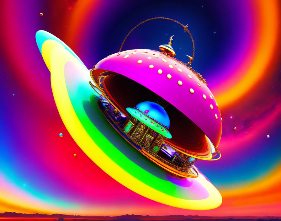 Vibrant UFO illustration in colorful space scene