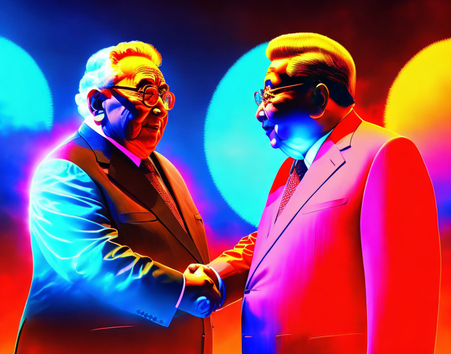 Stylized male figures shaking hands on vibrant background