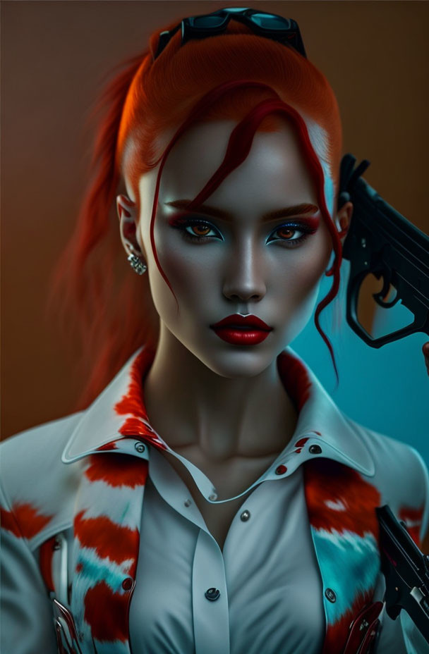 Digital artwork of woman with red hair, bold makeup, holding gun on blue background