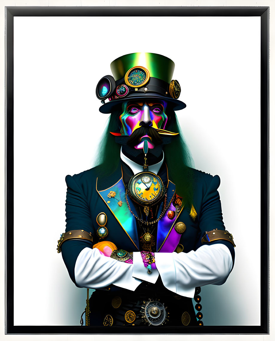 Colorful steampunk character with top hat, goggles, green mustache, blue coat, gears
