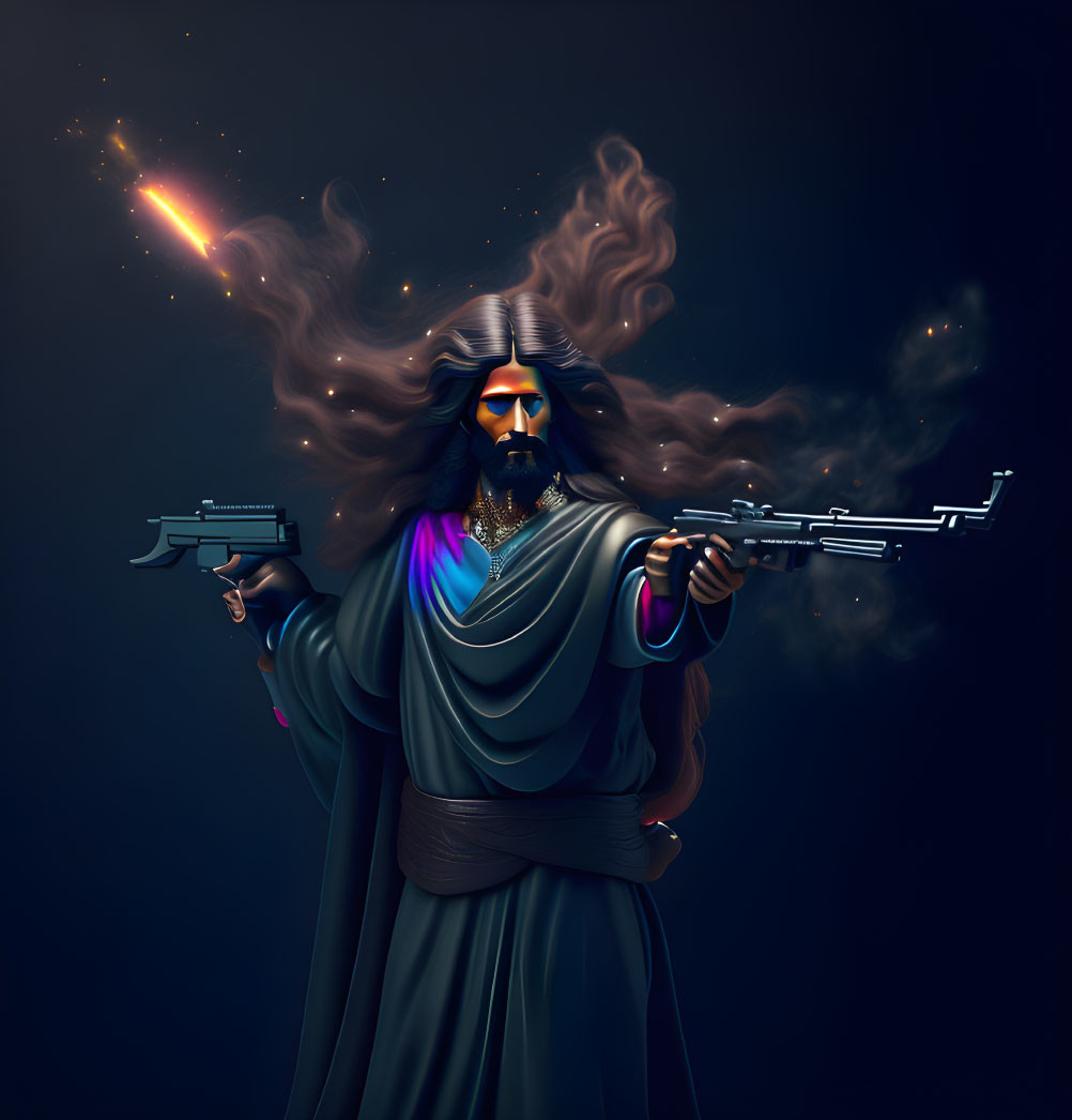 Mystical bearded figure with futuristic pistols in cosmic setting